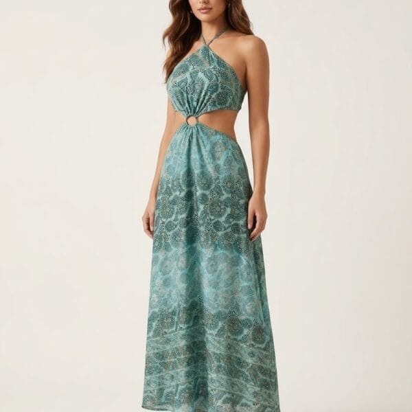 Turquoise Paisley Cutout Halter Maxi Dress