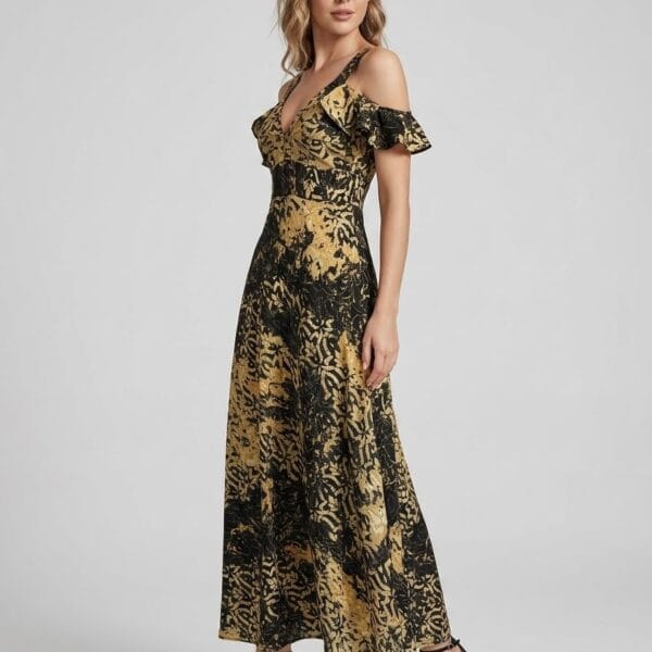 Black Gold Cold-Shoulder Maxi Dress