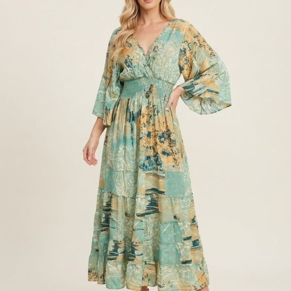 Aqua Bloom Kimono-Sleeve Tiered Maxi Dress