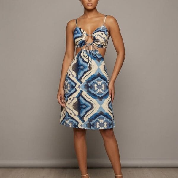 Blue Ikat Keyhole Cutout Cami Dress