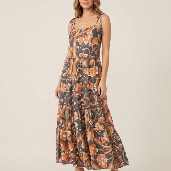 Positano Baroque Tie-Strap Tiered Maxi Dress
