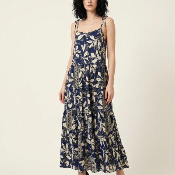 Navy Bloom Tie-Strap Tiered Maxi Dress