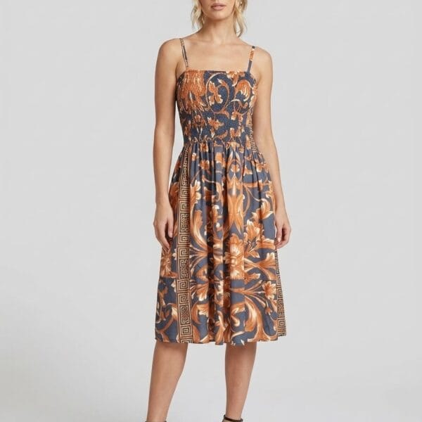 Rust Baroque Smocked Midi Sundress