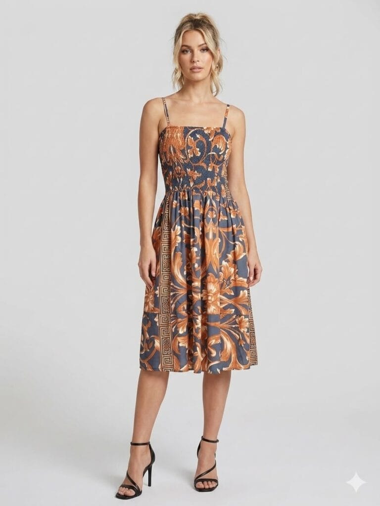 Rust Baroque Smocked Midi Sundress