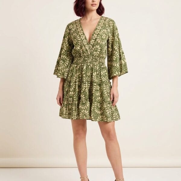 Olive Green Kimono-Sleeve Mini Dress
