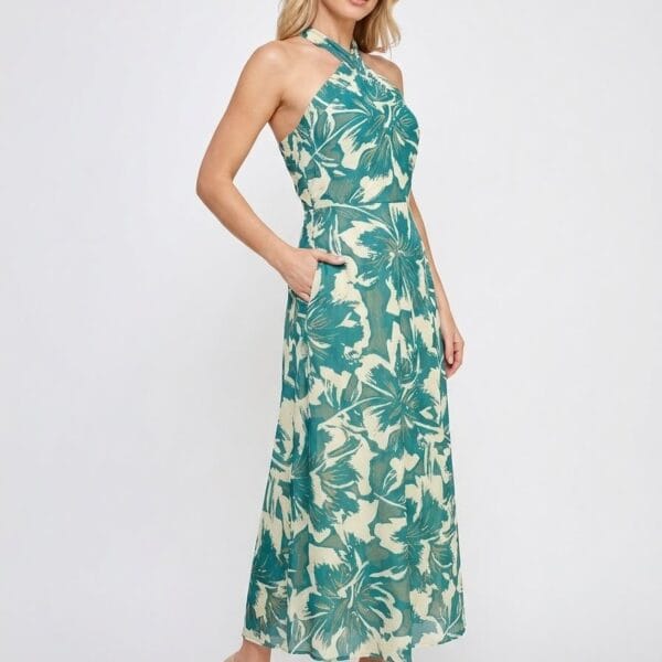 Sage Palm Halter Maxi Dress