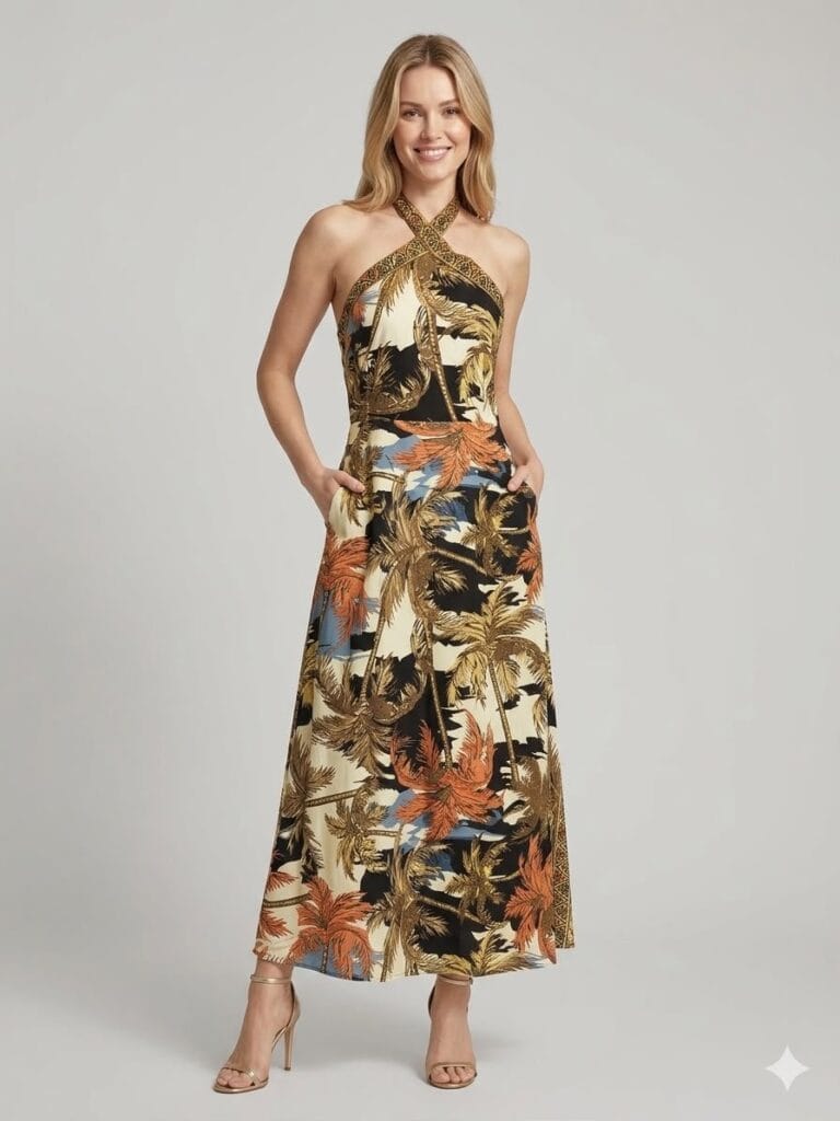 Golden Tropical Halter Maxi Dress