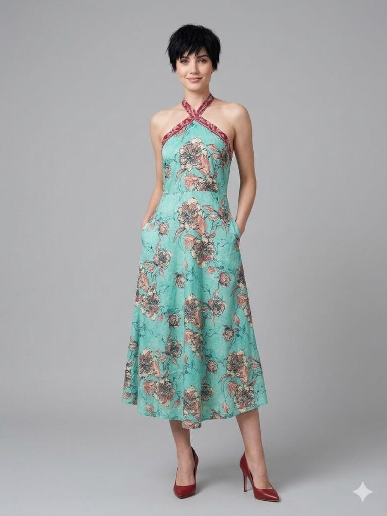 Turquoise Bloom Halter Maxi Dress