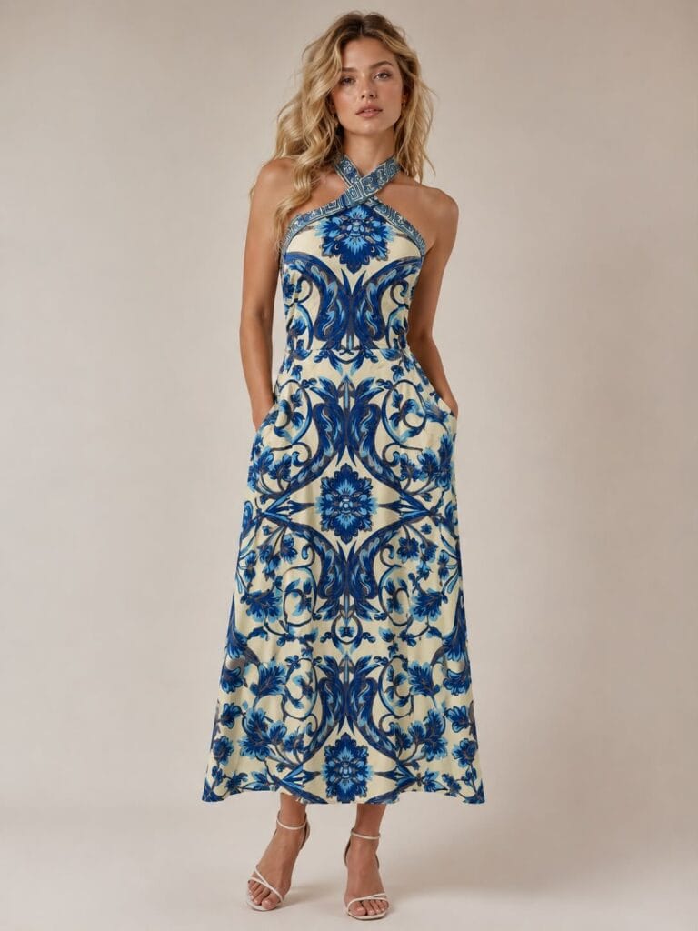 Porcelain Blue Halter Maxi Dress