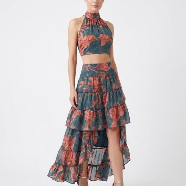 Teal Coral Halter Crop Top & Tiered Maxi Skirt Set
