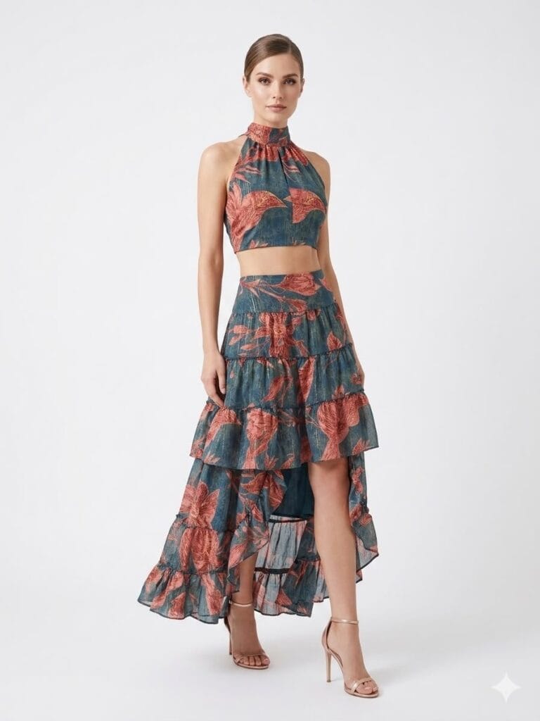 Teal Coral Halter Crop Top & Tiered Maxi Skirt Set