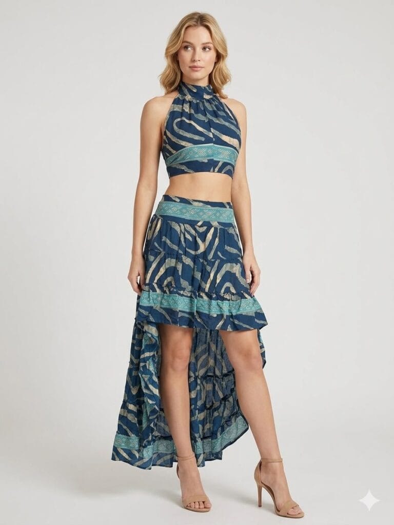 Navy Gold Halter Crop Top & Tiered Maxi Skirt Set