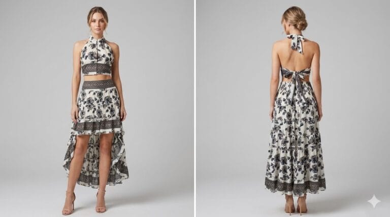 Ivory Noir Halter Crop Top & Tiered Maxi Skirt Set
