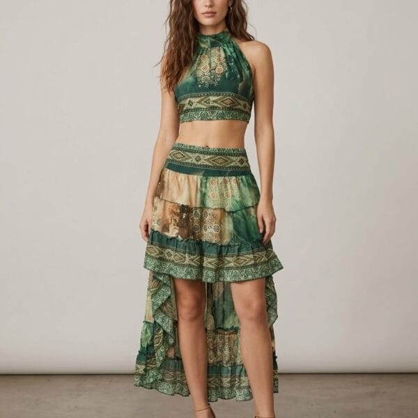 Emerald Gold Halter Crop Top & Tiered Maxi Skirt Set