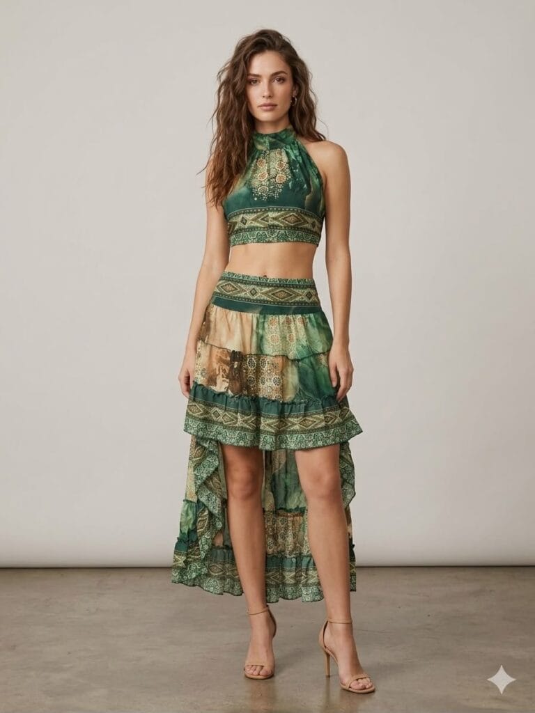 Emerald Gold Halter Crop Top & Tiered Maxi Skirt Set
