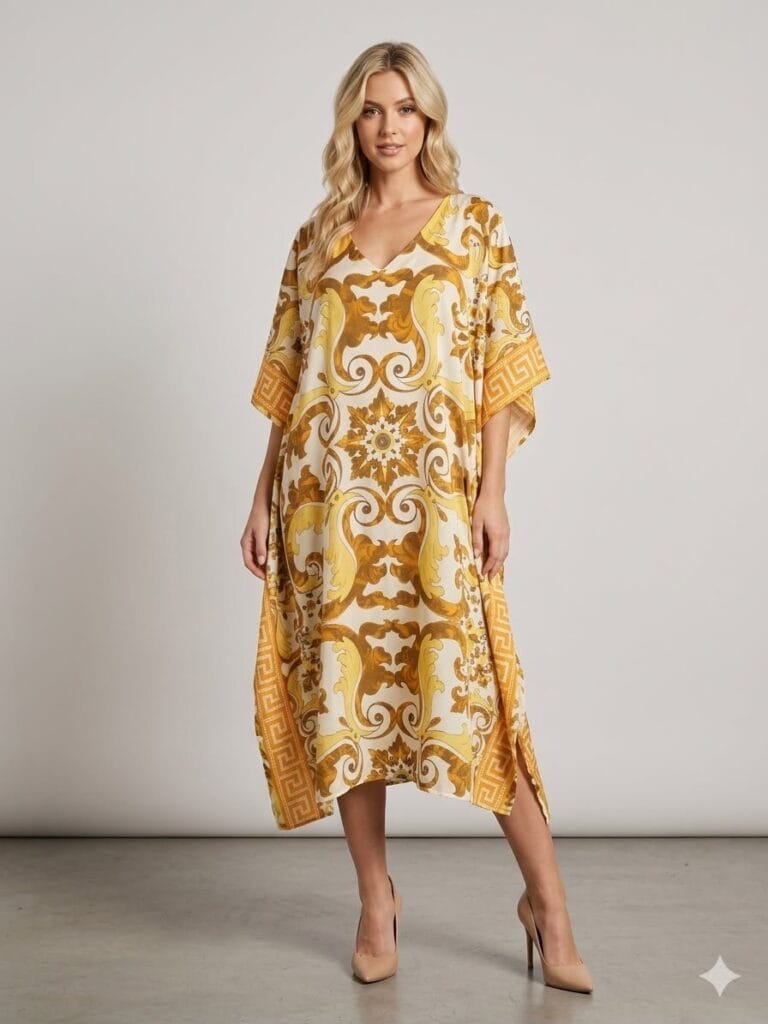 Golden Baroque V-Neck Kaftan Maxi Dress