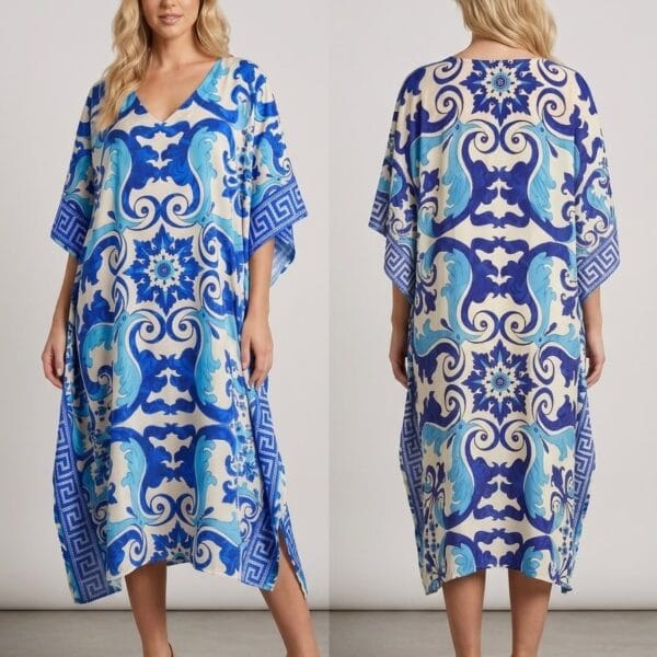 Royal Blue Baroque V-Neck Kaftan Maxi Dress