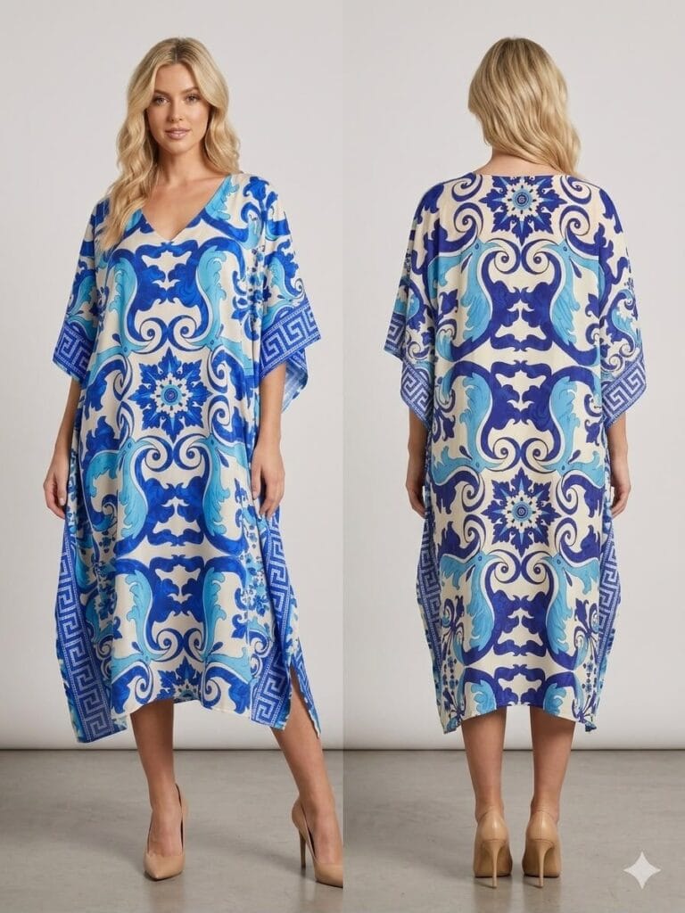 Royal Blue Baroque V-Neck Kaftan Maxi Dress