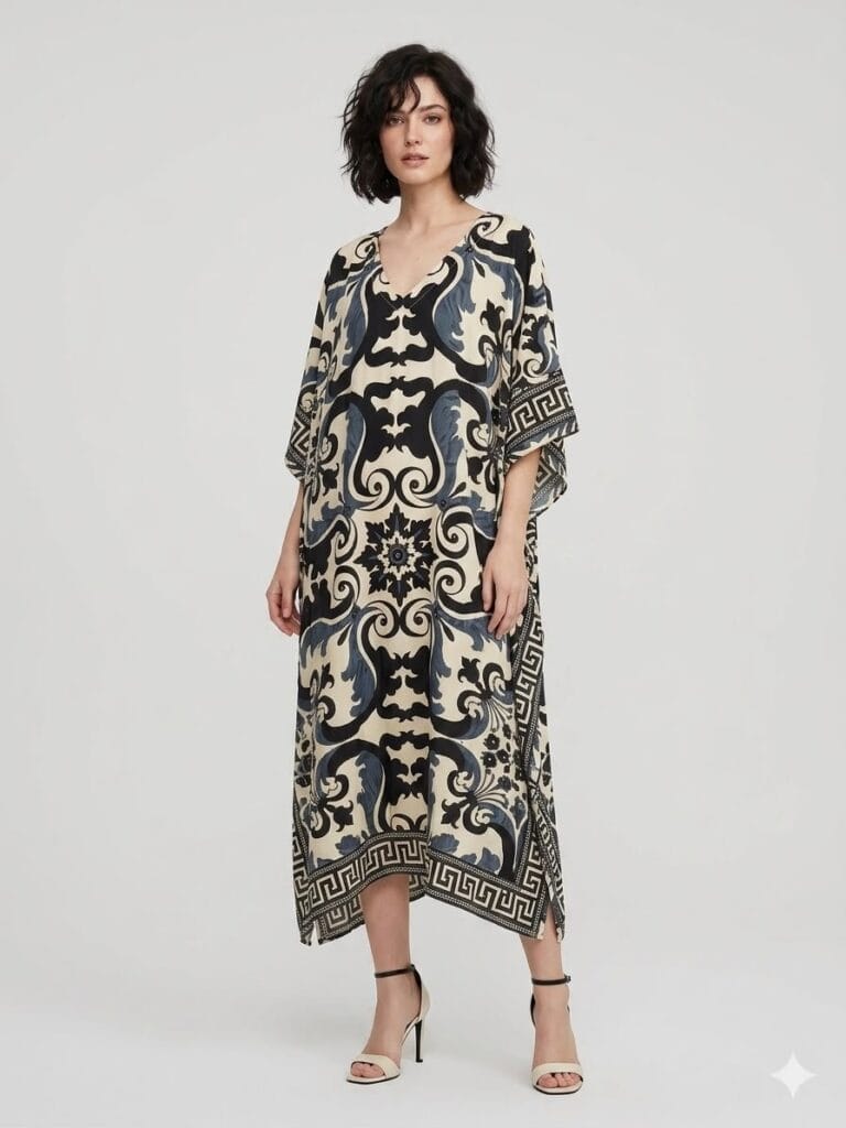 Onyx Baroque V-Neck Kaftan Maxi Dress